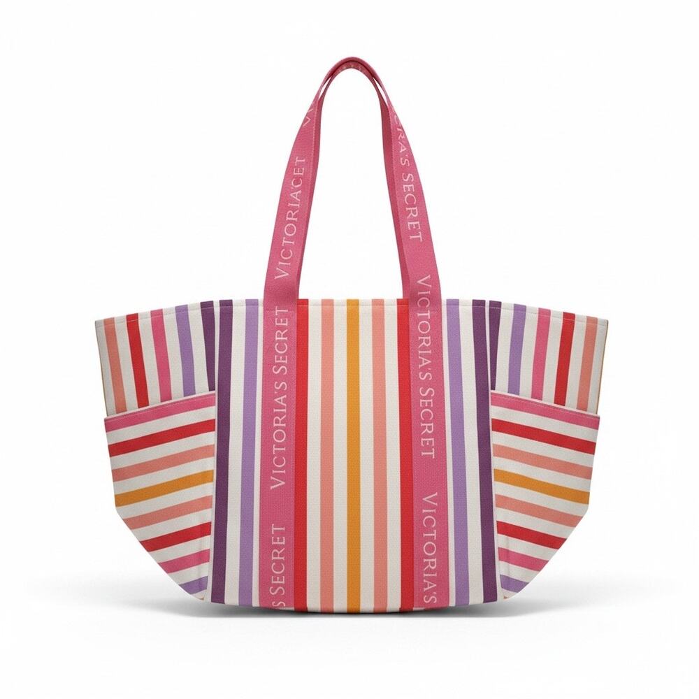 NWT Victoria's Secret Multicolor Striped Canvas Beach Tote Bag Large Summer - Picture 10 of 10